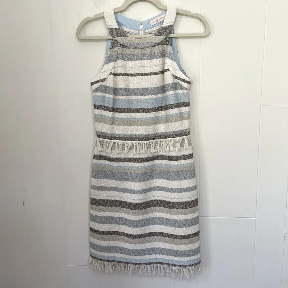 Tory Burch Sleeveless Tweed Dress Cream Grey Striped Fringe Trim ~ Size 2 - Image 3