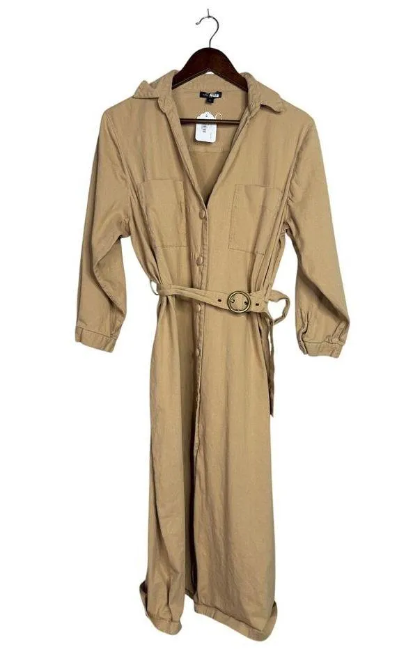 Area Stars Belted Waist Cotton Midi Shirt Dress 3/4 Sleeves Button Down L Tan Size L - Image 13