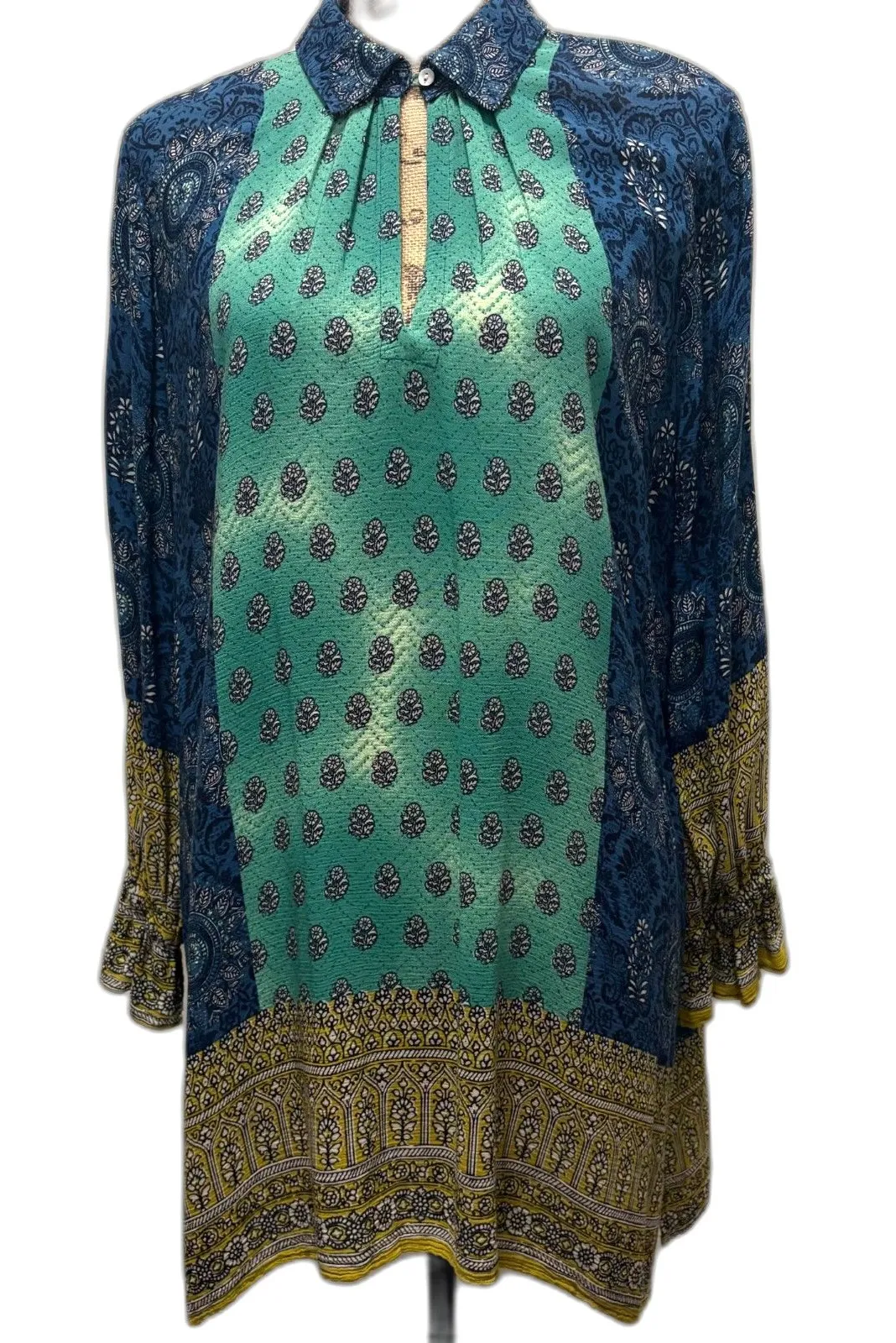 Uncle Frank Mixed Printe Collared Tunic Dress Blue Green Hippie Size Medium - Image 1