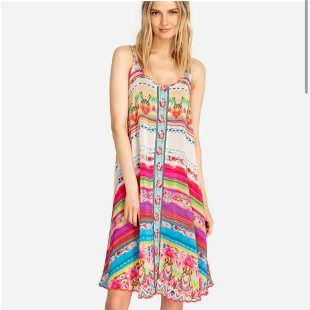 JOHNNY WAS Taleah Ribbon-Trim Georgette Tent Swing Dress Rose Beach- Size‎ XS - Image 2