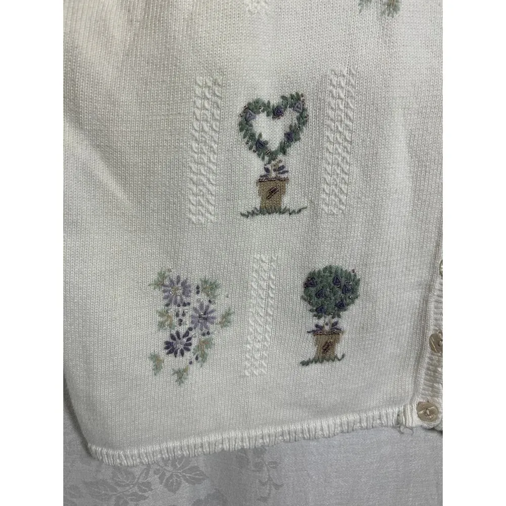 Vintage Sweater 2X Cream Purple Floral Embroidered Beaded 3D Knit Short Sleeve - Image 2