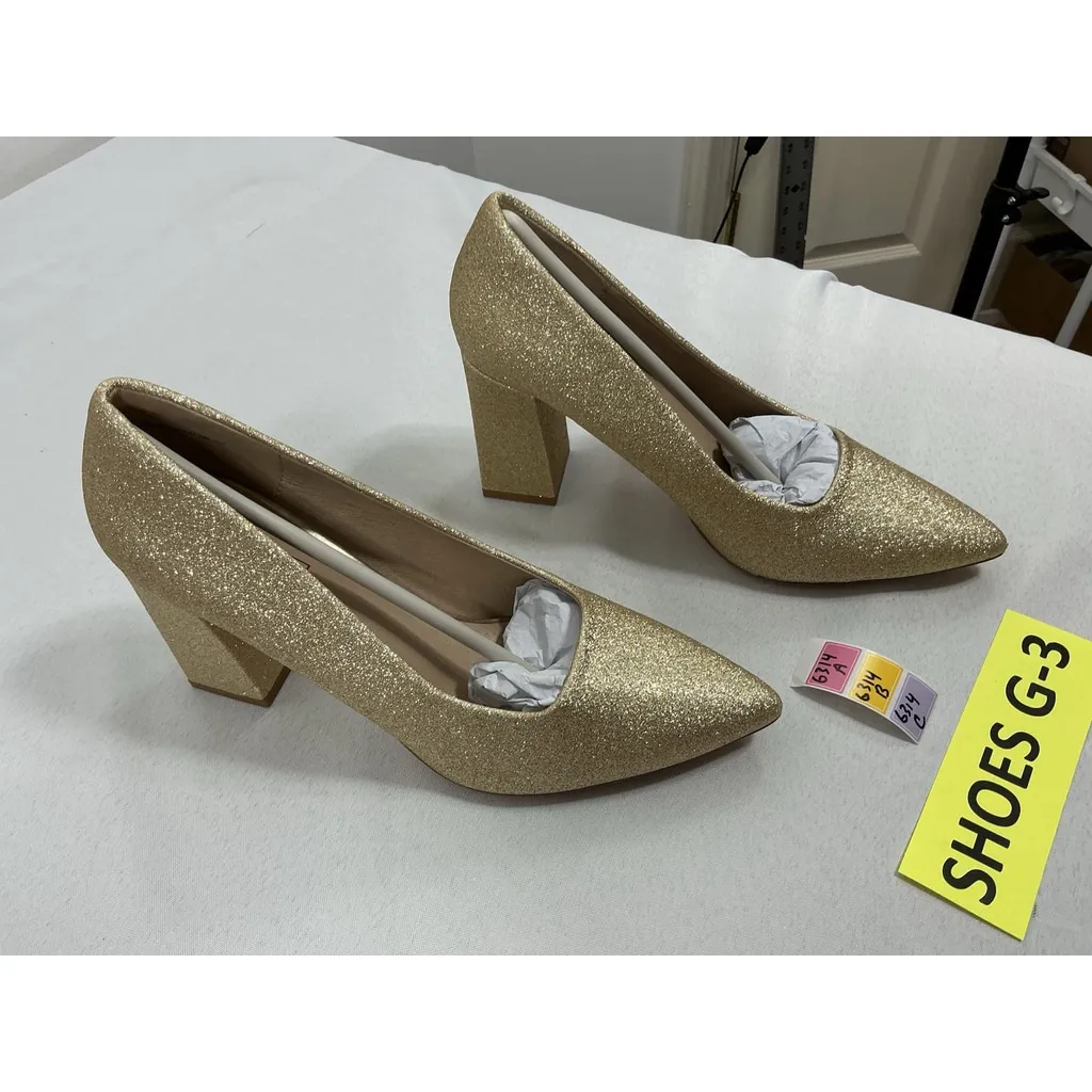 Womans Inifu Slipon Formal Pumps 7.5 Gold Sparkly Pointed Toe Block Heel NWOT - Image 2