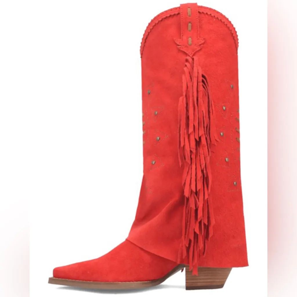 DINGO Red Made In Mexico Suede Spirit Trail Boots With Fringe Size 6 - Image 3