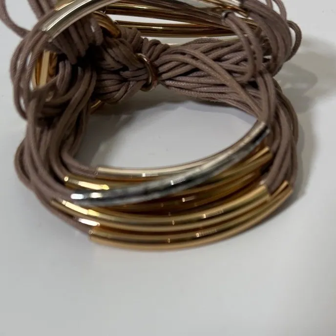 Gillian Julius RB2M Multi Strand Cord Bracelet Taupe Metal Tube Gold Silver Tone Tan - Image 14