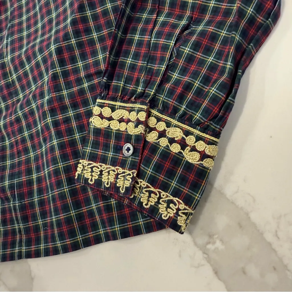 J. Crew NWT Embroidered Gilded Plaid Peasant Holiday Top Women’s XS Red/Green - Image 5