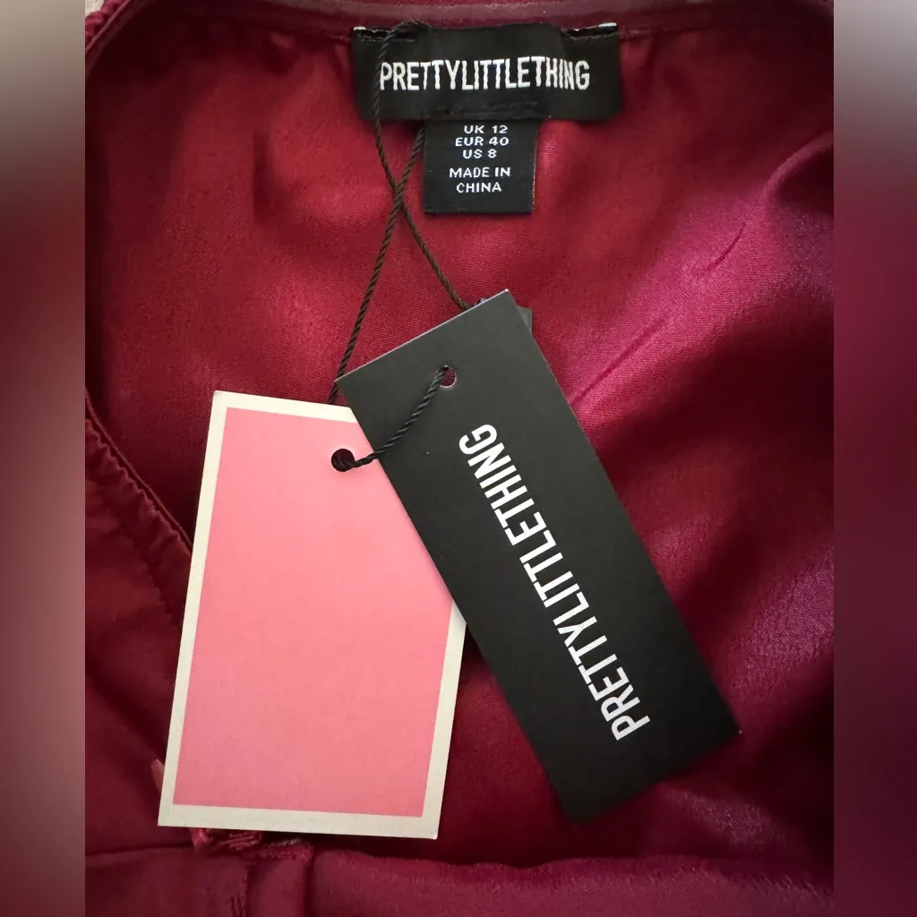 NEW!! PrettyLittleThing Cherry Red Satin Bandeau Split Hem Bodycon Dress - Image 7