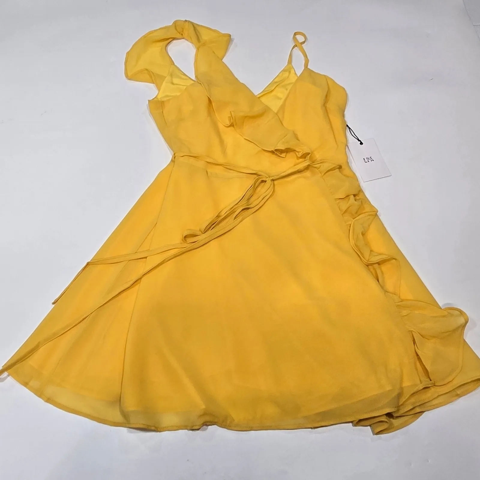 LPA Asymmetrical Ruffle Wrap Dress in Golden Yellow XS - Image 3