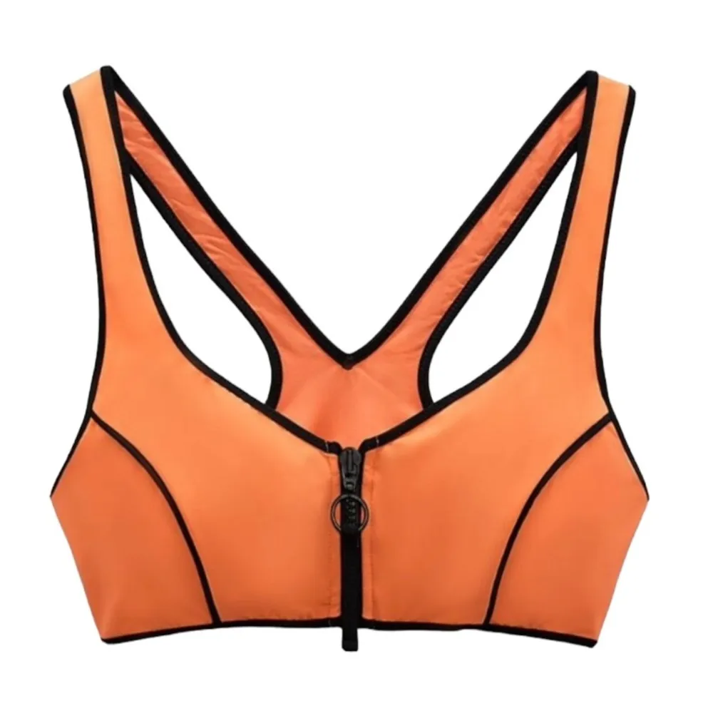 Swimwear Contrast Piping Bikini Zip Top in Neon Orange - Image 5