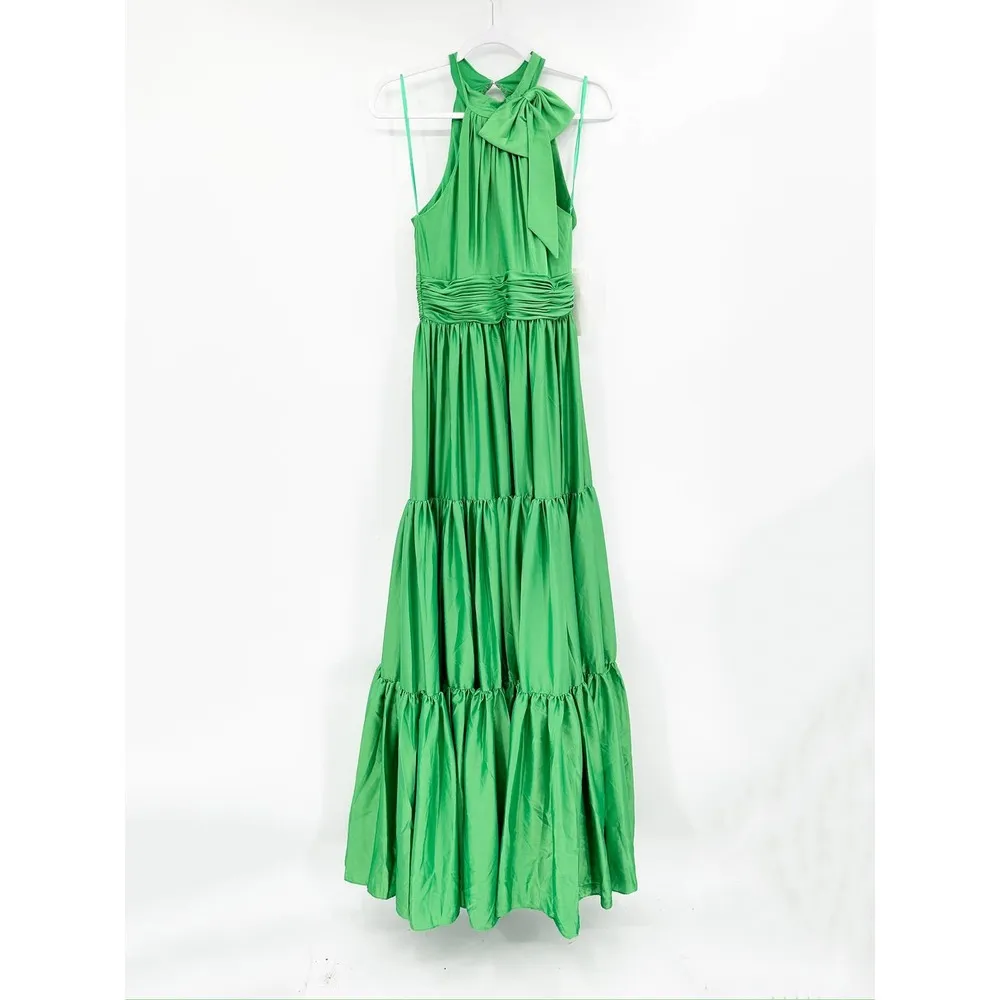 Mac Duggal 50658 Green Satin Tiered Sleeveless Halter Gown Size 4 NWT - Image 3