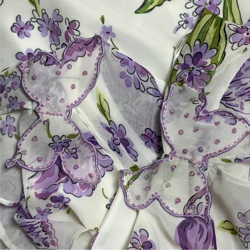 Vintage 90s Y2K White Purple Floral Butterfly Fairycore Top Large Easter Pastel - Image 9