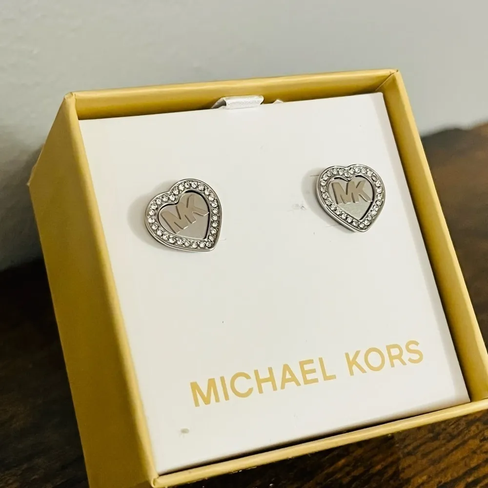 Michael Kors Heart Logo Earrings • Silver Pavé Crystal Studs • NWT - Image 3