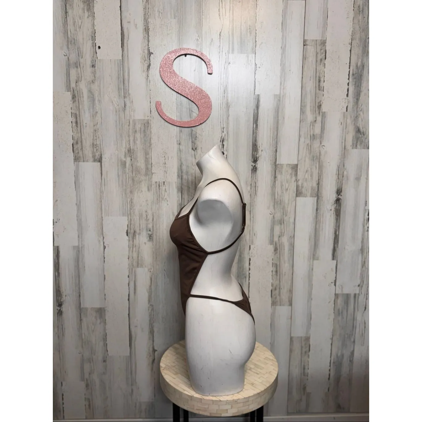 Brown Spaghetti Strap Bodysuit | Sleek Minimal One Piece Size Small - Image 2