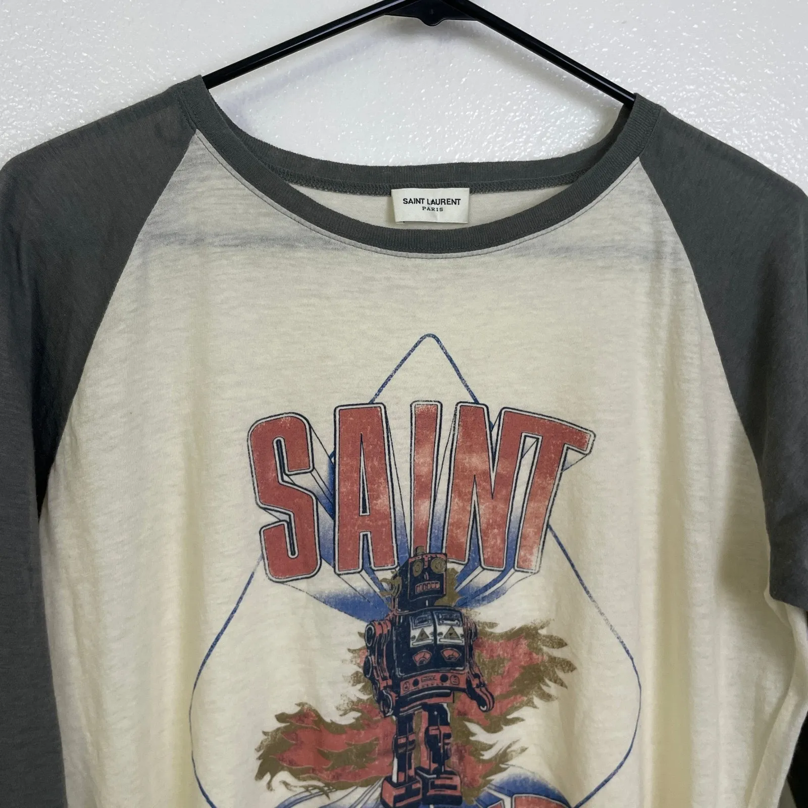 Saint Laurent Shirt Medium Womens Multi Robot Graphic Raglan Crew Wool Blend - Image 8