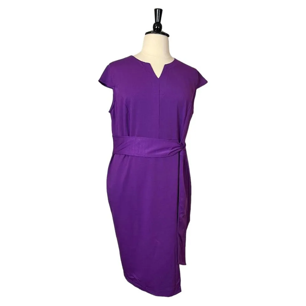 Hannah Nikole Sheath Dress Midi Split Neck Tie Waist Cap Sleeve Purple 22W New - Image 2