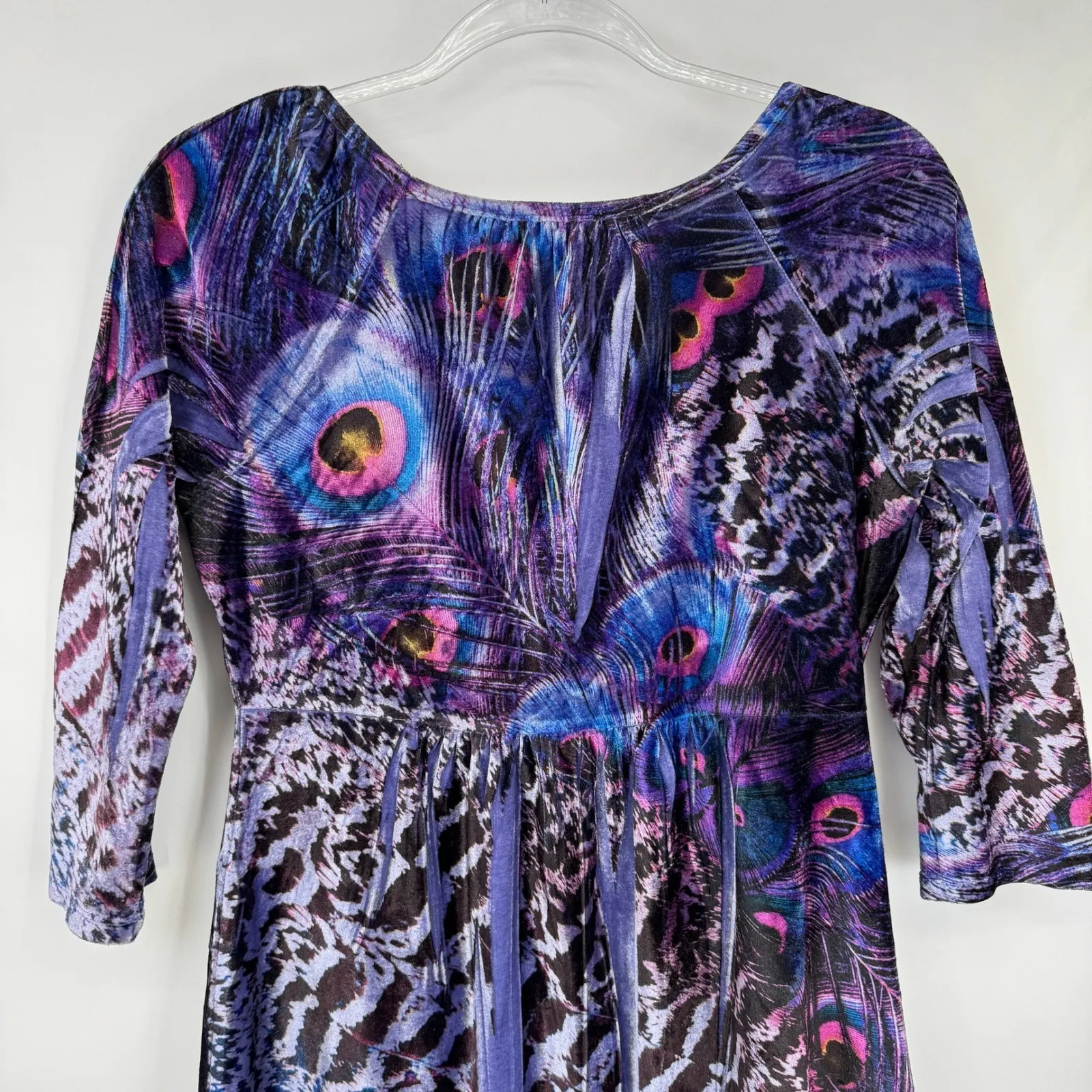 Boston Proper Fairy Velour Top Womens S Purple Peacock Feather Print 3/4 Sleeve - Image 10