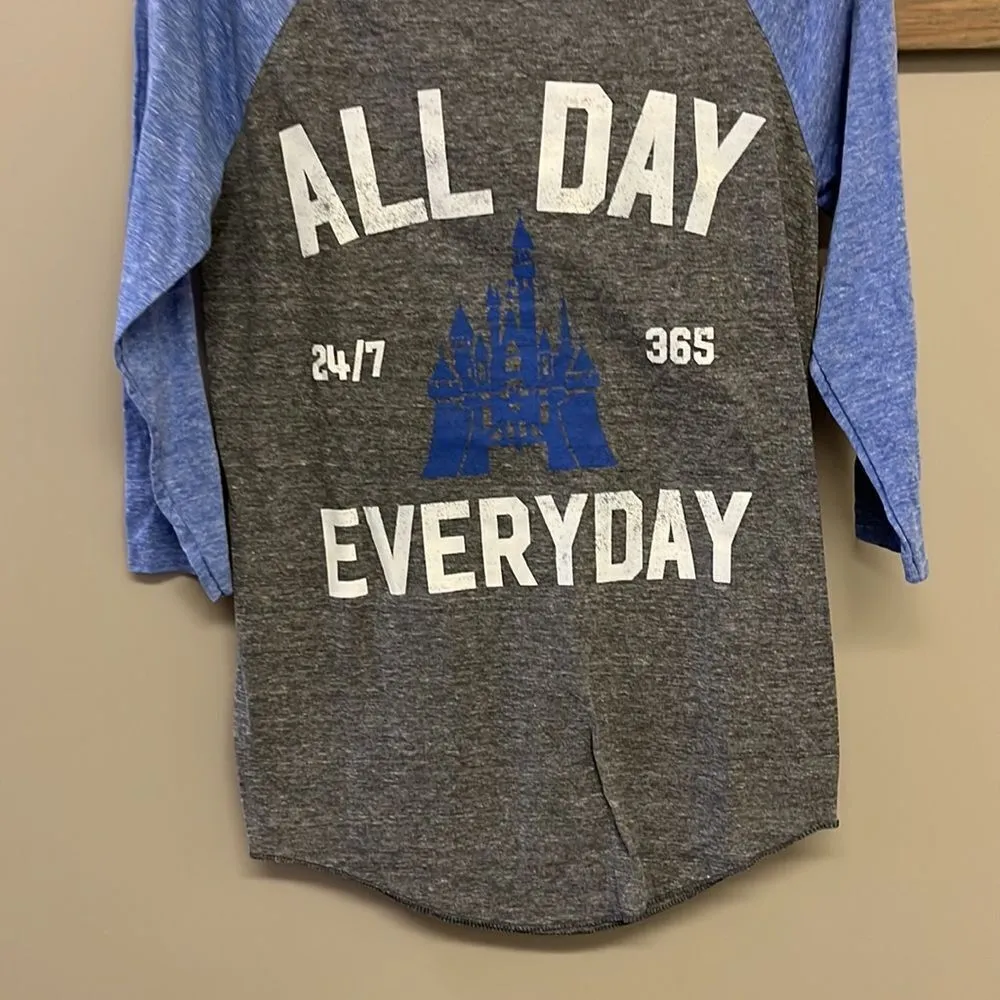 Disney Parks Gray/Blue 3/4 Sleeve Baseball ALL DAY 24/7 365 EVERYDAY Shirt - Image 4