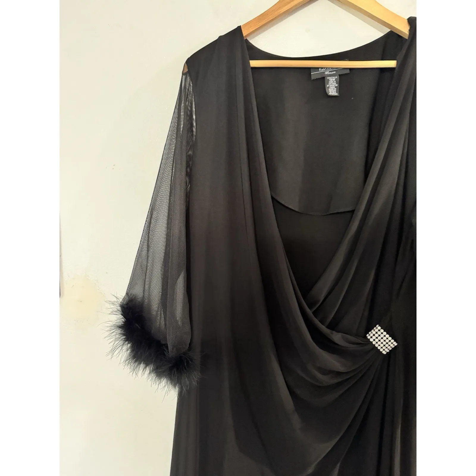 R.M Richards Black Stretchy Ruched Dress Sheer Sleeve Fur Trim Size 18W - Image 3