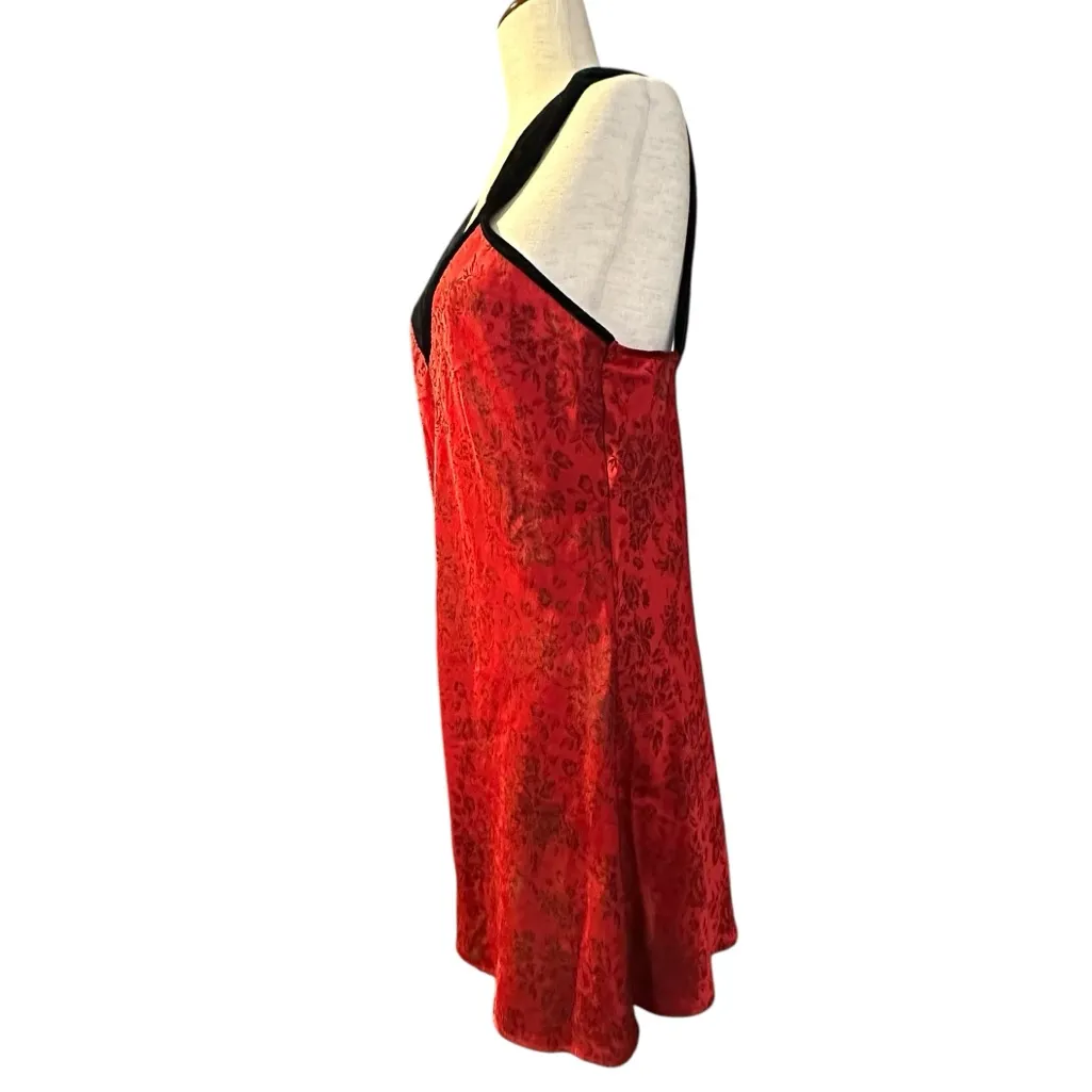 Vintage 90s‎ Y2K Sostanza Slip Dress Red Black Floral Velvet Straps Chemise L Size L - Image 4