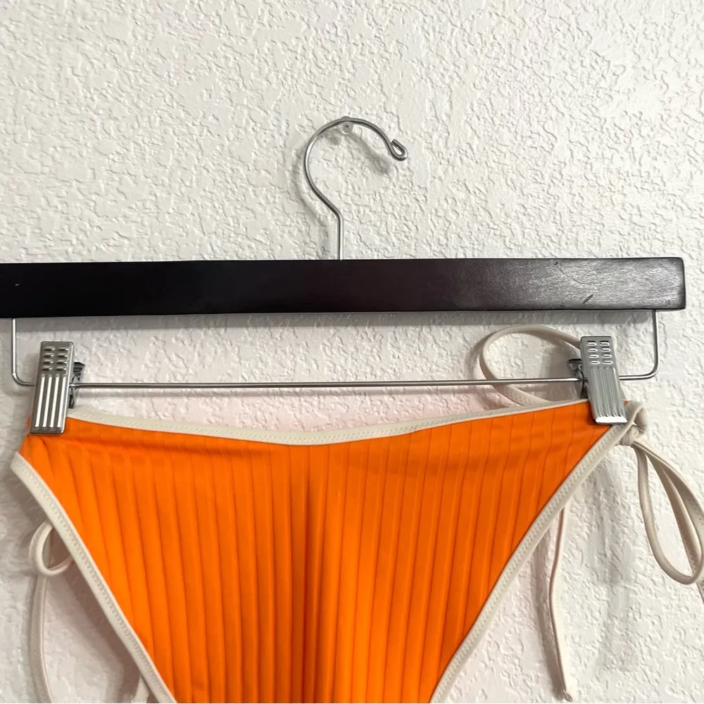 Aerie Womens Swim Bikini Bottom Orange White Ribbed Tie Cheekiest Size Large - Image 3
