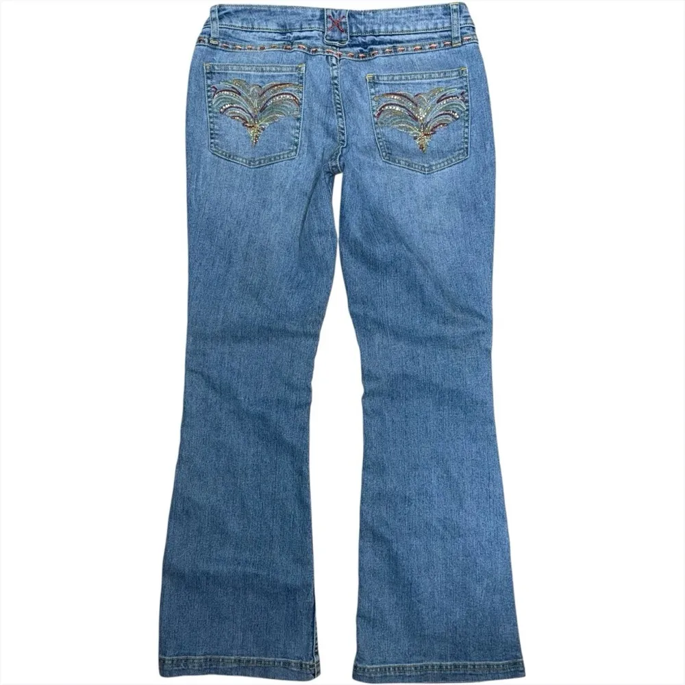 Rare Y2K NOBO Low Rise Flare Jeans Size 11 / 30” Bling Pocket Colorful Stitching Blue - Image 3
