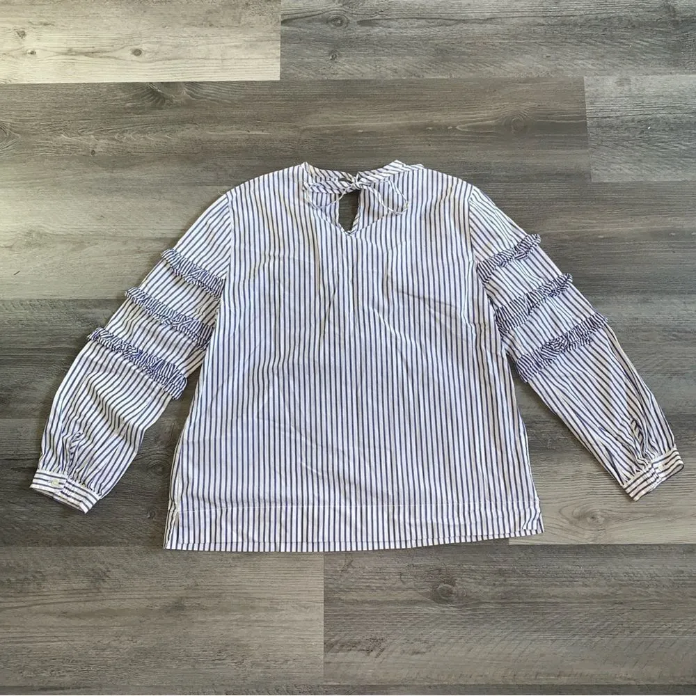 J. Crew Tiered Ruffle Blouse Blue White Stripe 2 Cotton - Image 7
