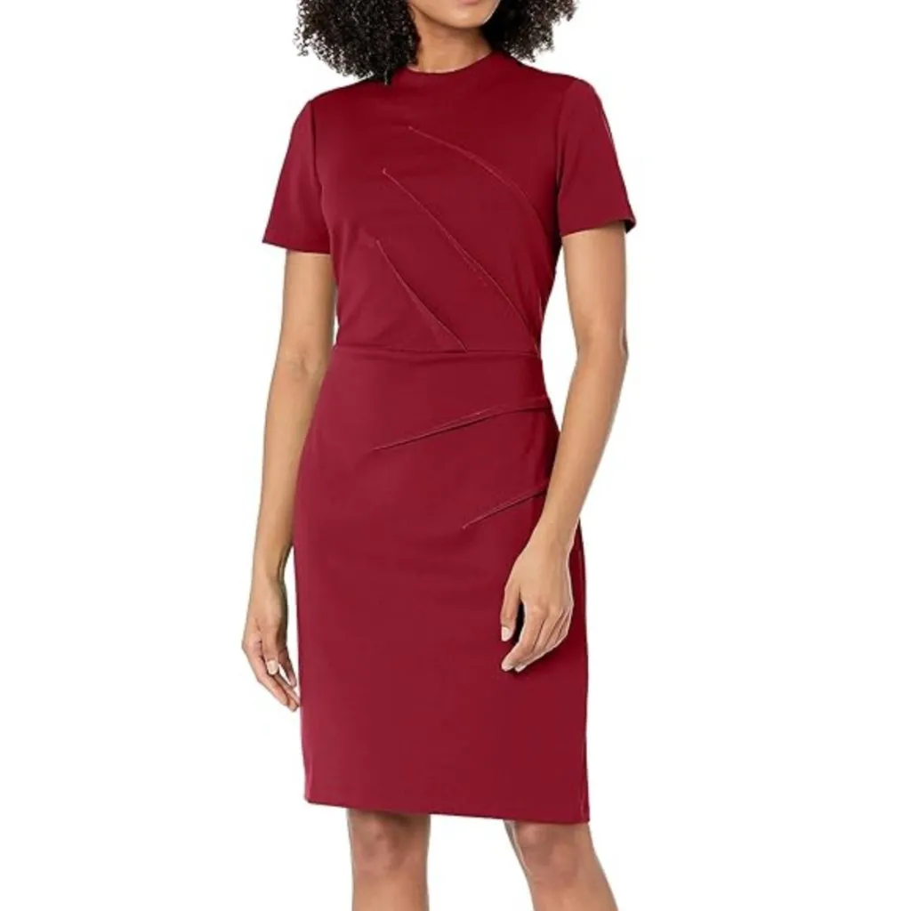 MAGGY LONDON Pintuck Detailed Mock Neck Dress Red Short Sleeve Sheath Dress 12 - Image 4