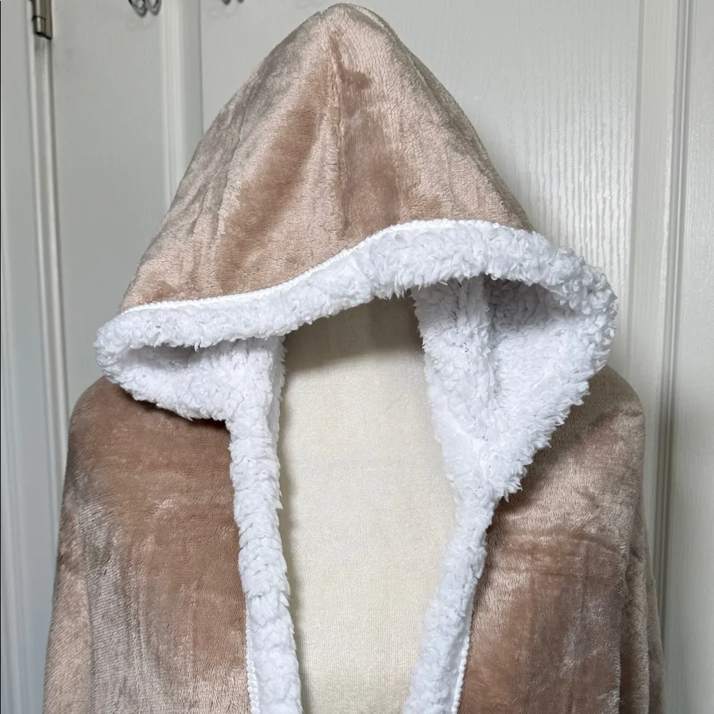 Socialite Hooded Sherpa Wrap Blanket Cape Tan Plush Faux Fur Lined Cozy Throw - Image 3