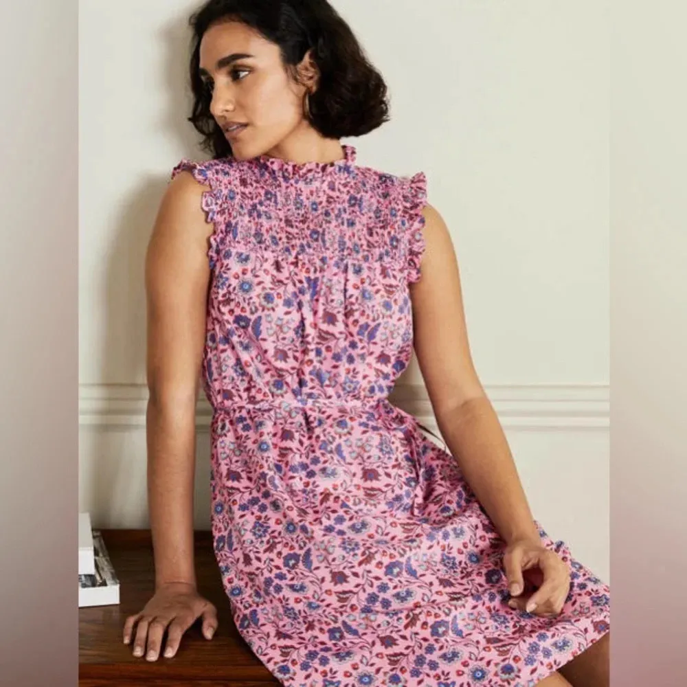 Boden floral Sleeveless Smocked Mini Dress ruffles Formica Oriental Meadow 12R Pink Size 12 - Image 10