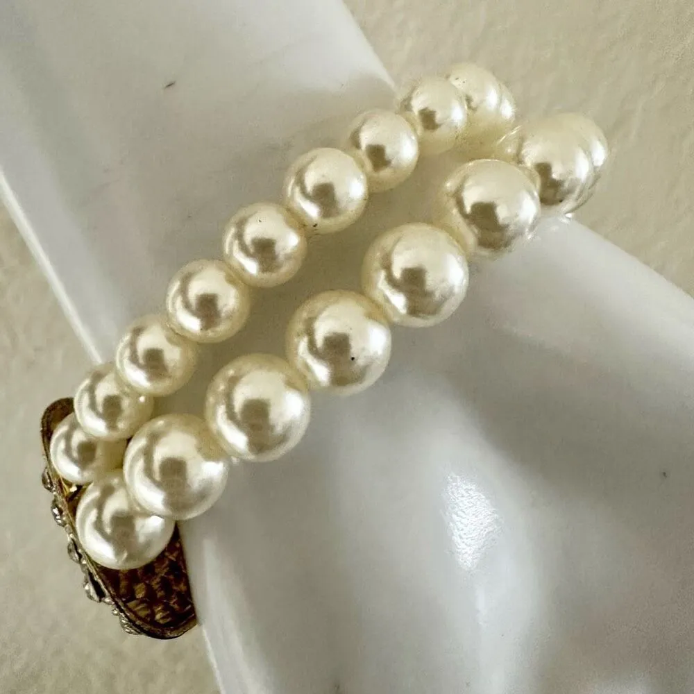Rhinestone Statement Bow Faux Pearl Stretch Bracelet - Image 4