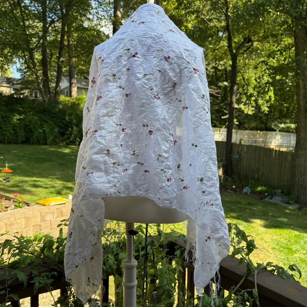 White Taffeta Embroidered Scarf 64"×24” Floral Gold & Red With Eyelash Fringe - Image 4