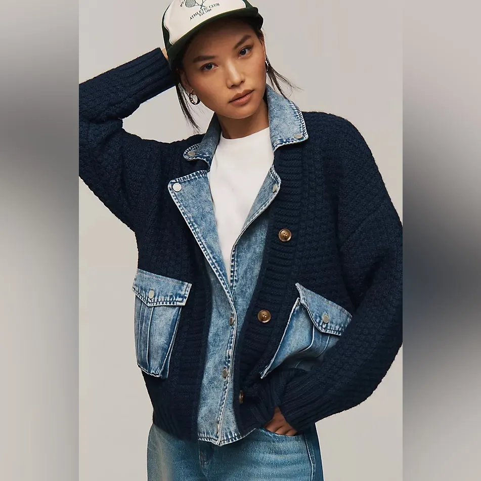 NWT Anthropologie X Blank-NYC Last Call Mixed Media Cardigan Jacket Denim Wool - Image 2