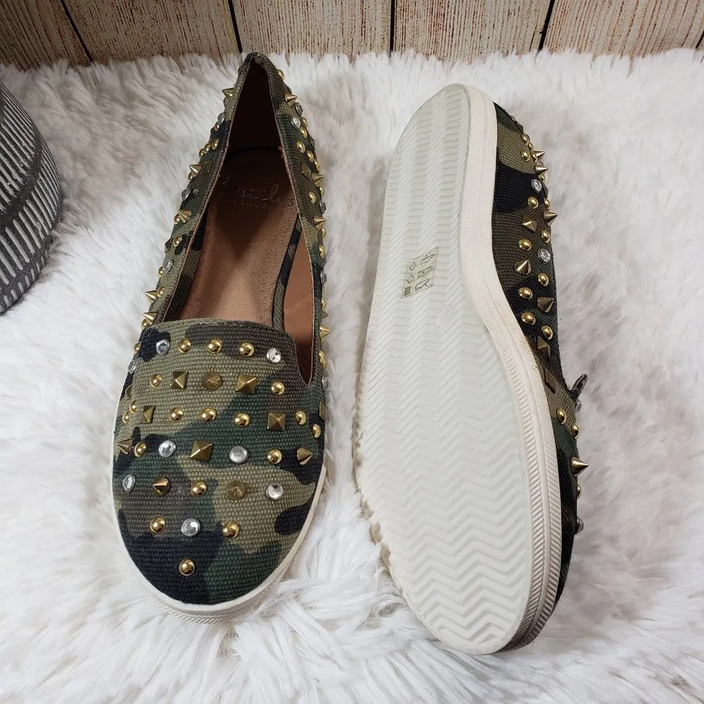 SHELLYS LONDON Size 8 Green Camo Rhinestone Metal Studded Slip On Flat Sneakers Brown - Image 8