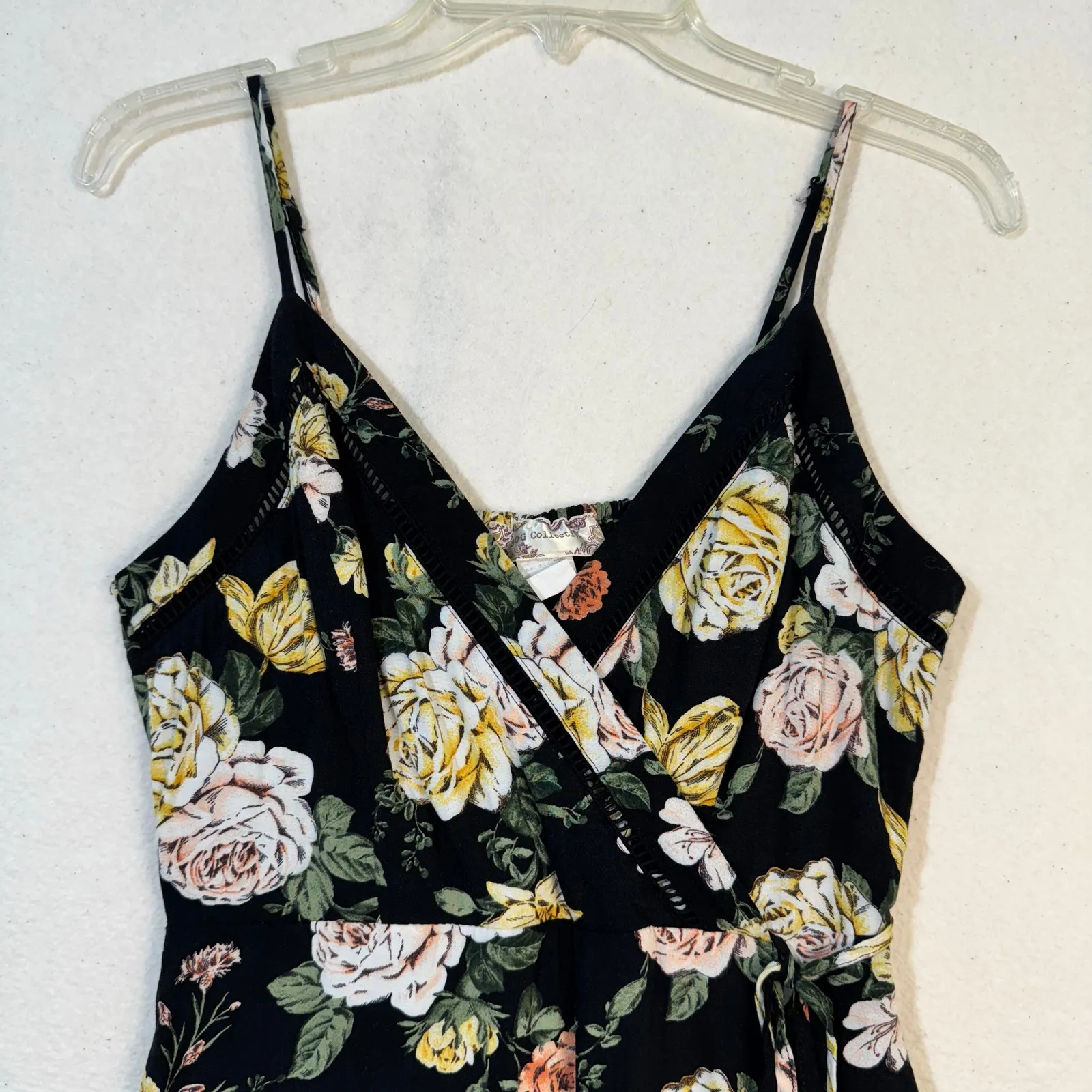 B.O.G Collective Black Faux Wrap Dress Yellow Pink Rose Print Size Small Ruffled - Image 5