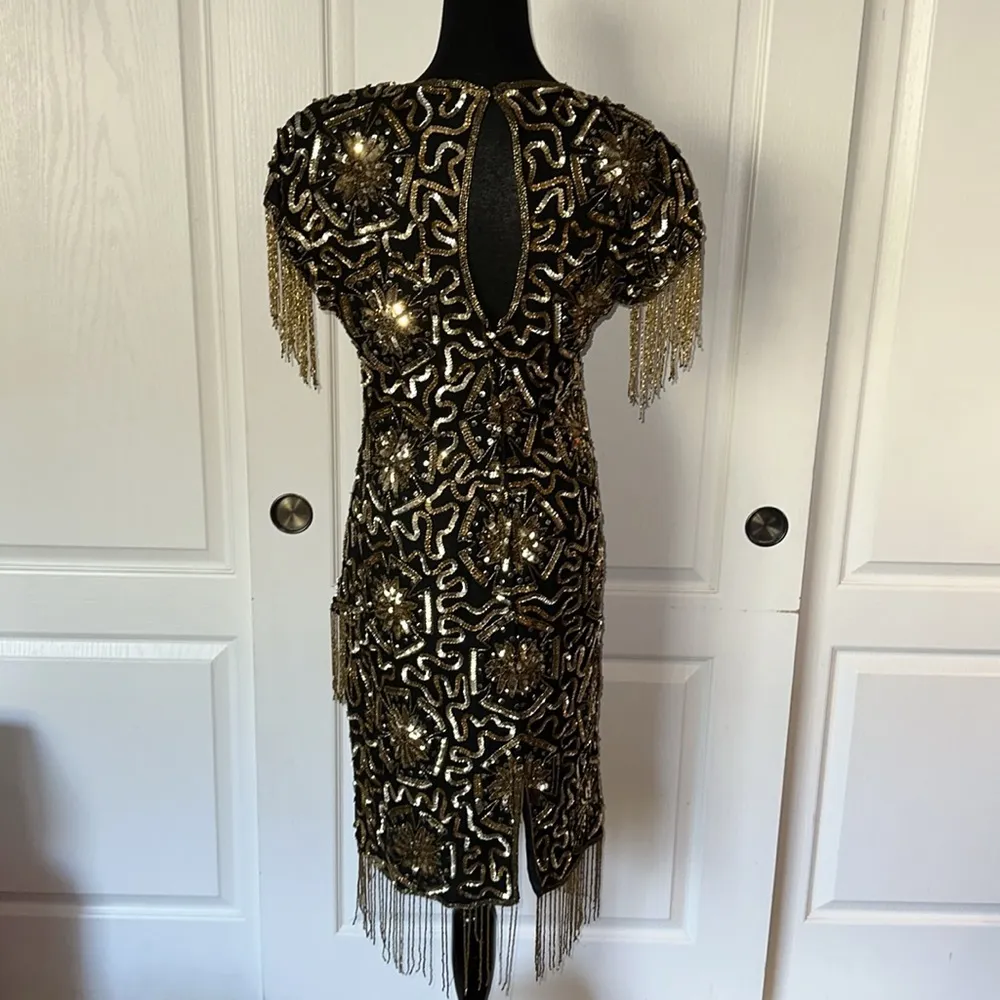 VTG CERVELLE SILK BLACK & GOLD SEQUIN BEADED FRINGE DRESS PARTY Holiday nye - Image 4
