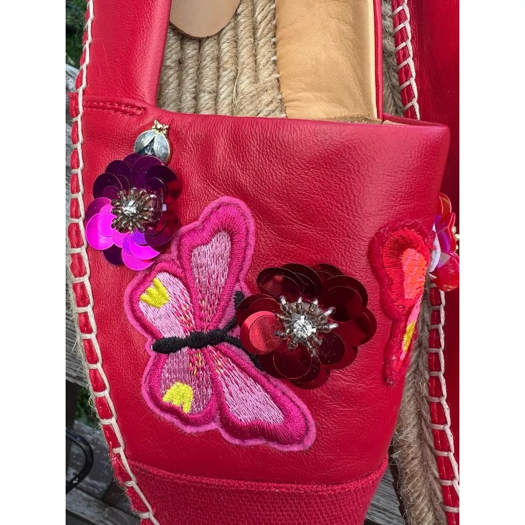 Bill Blass Wyatt Red Espadrilles Butterflies, Flowers Embroidered size 8 New - Image 3