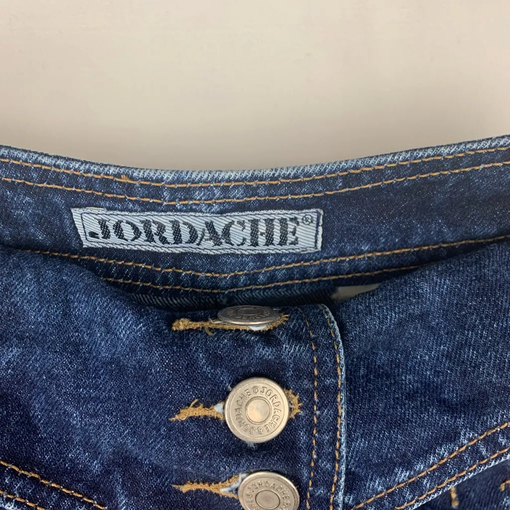 Jordache size 7 24 vintage acid wash Dark Blue Denim Skirt pencil retro 90s fold - Image 3