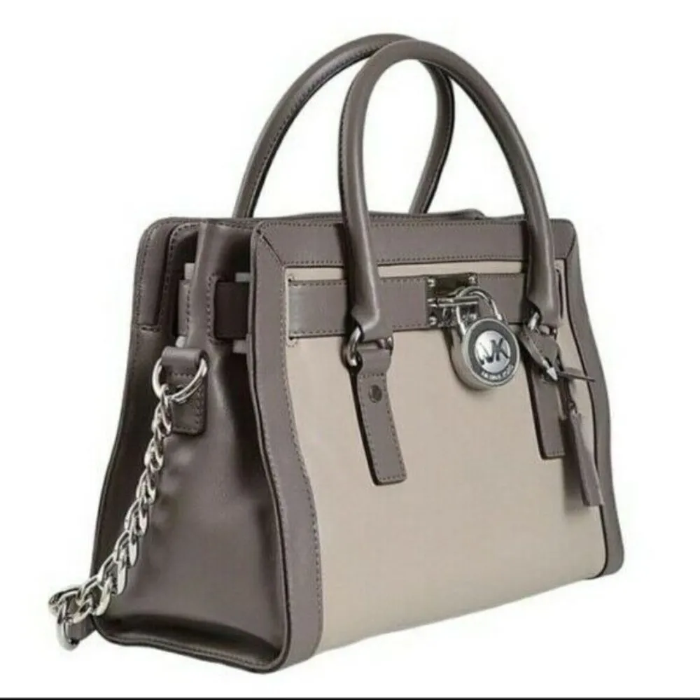 Michael Kors Taupe and Gray Leather Hamilton Silver Lock Satchel Large Handbag - Image 2