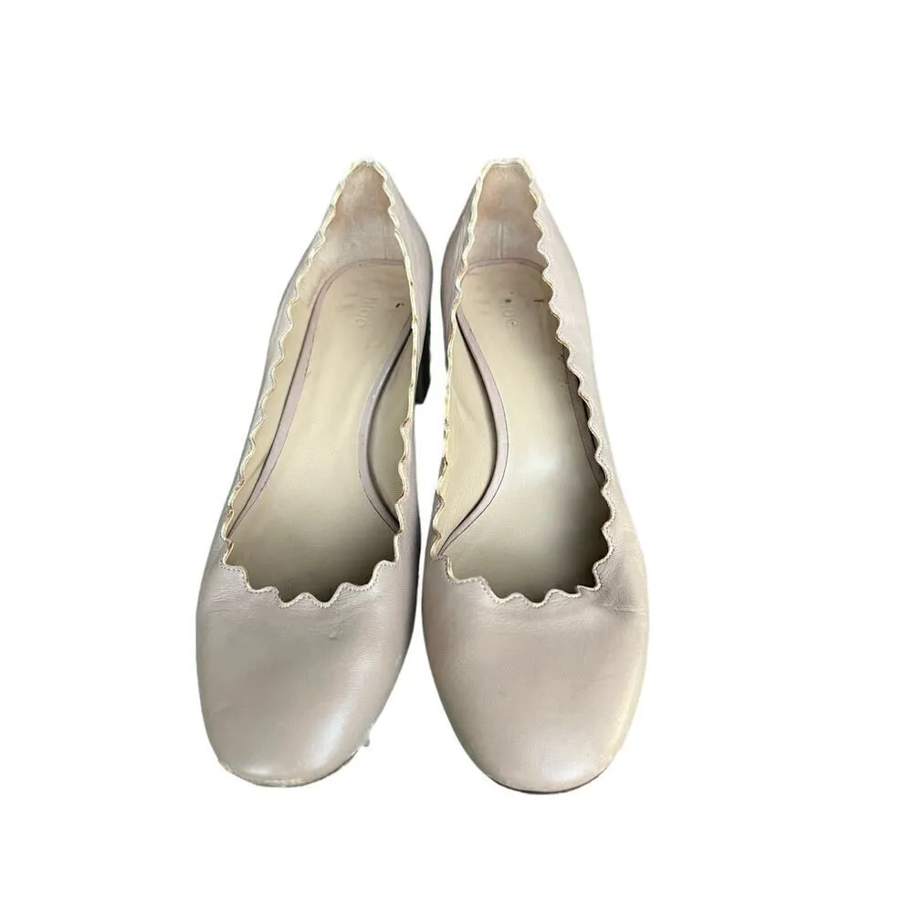 CHLOE Beige Leather Scalloped Block Heel Pumps Made Italy USA Size 8, MSRP:$550 - Image 6