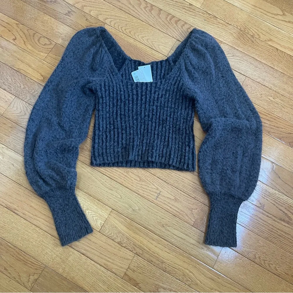 Free People Katie Pullover Black Ribbed Cropped Sweater Puff Long Sleeves Sz M - Image 8