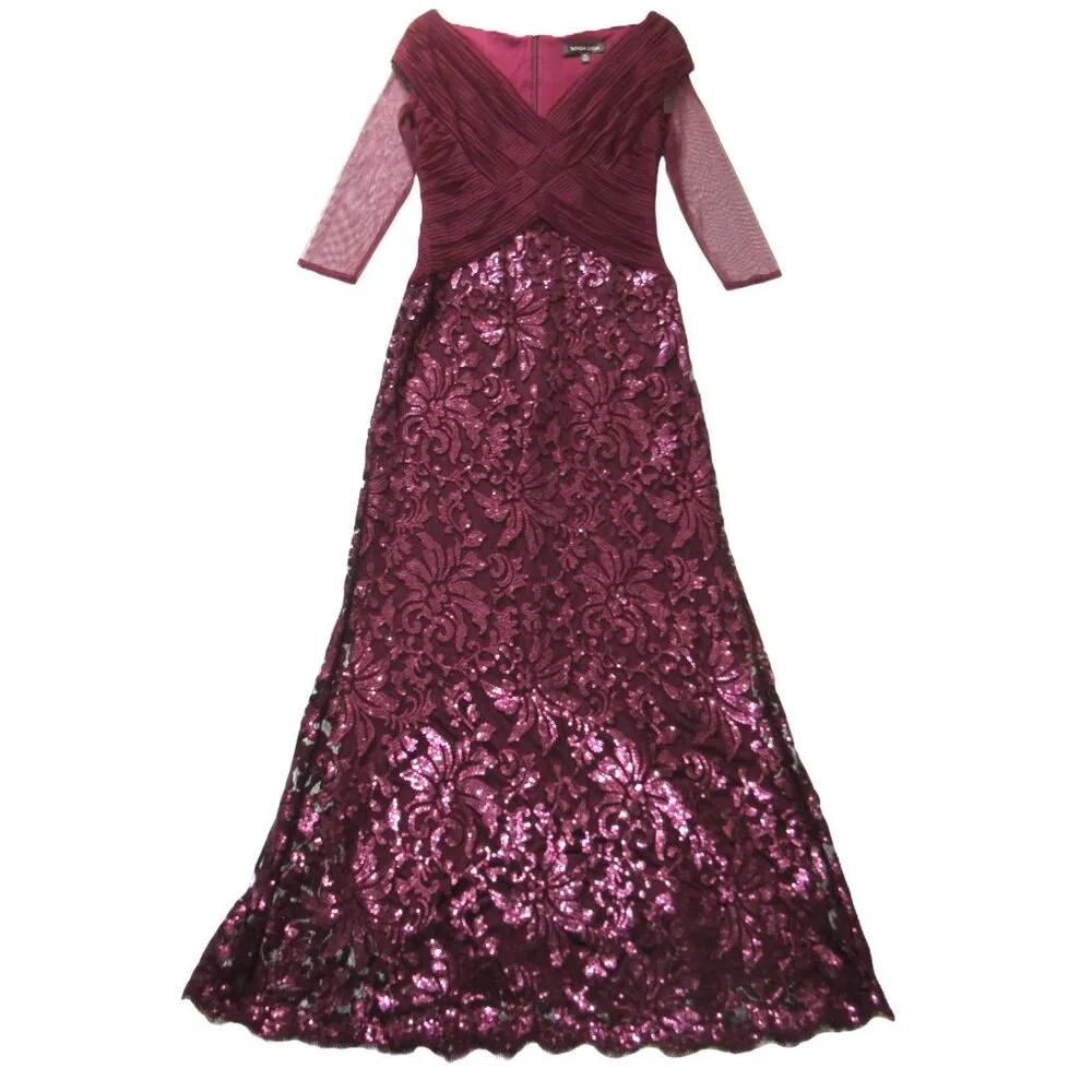 NWT TADASHI SHOJI Auburn Sequin Paillette Embroidered Lace V-Neck Gown Dress 4 - Image 4