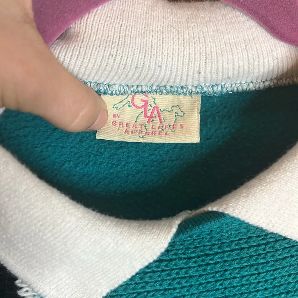 Vintage knit Embroidered Sweatshirt floral chunky collar 80s 90s teal Collared White Size L - Image 2