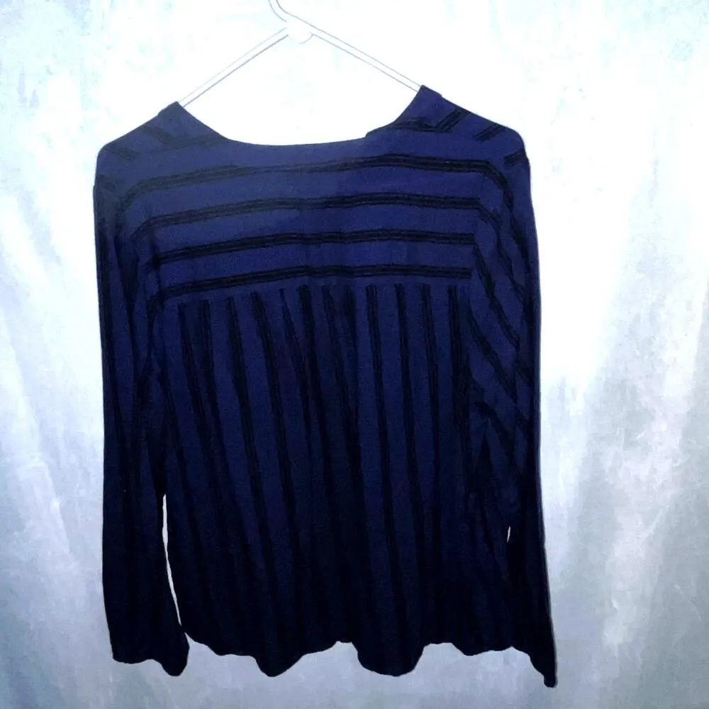 New Directions Blue Black Striped Aztec V-Neck Long Sleeve Shirt XL - Image 2