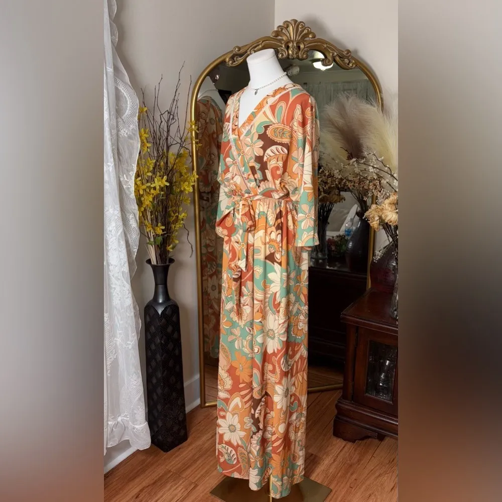 Groovy Floral Wrap Maxi Dress Belted Kimono Sleeve Boho Retro Orange Teal - Image 3
