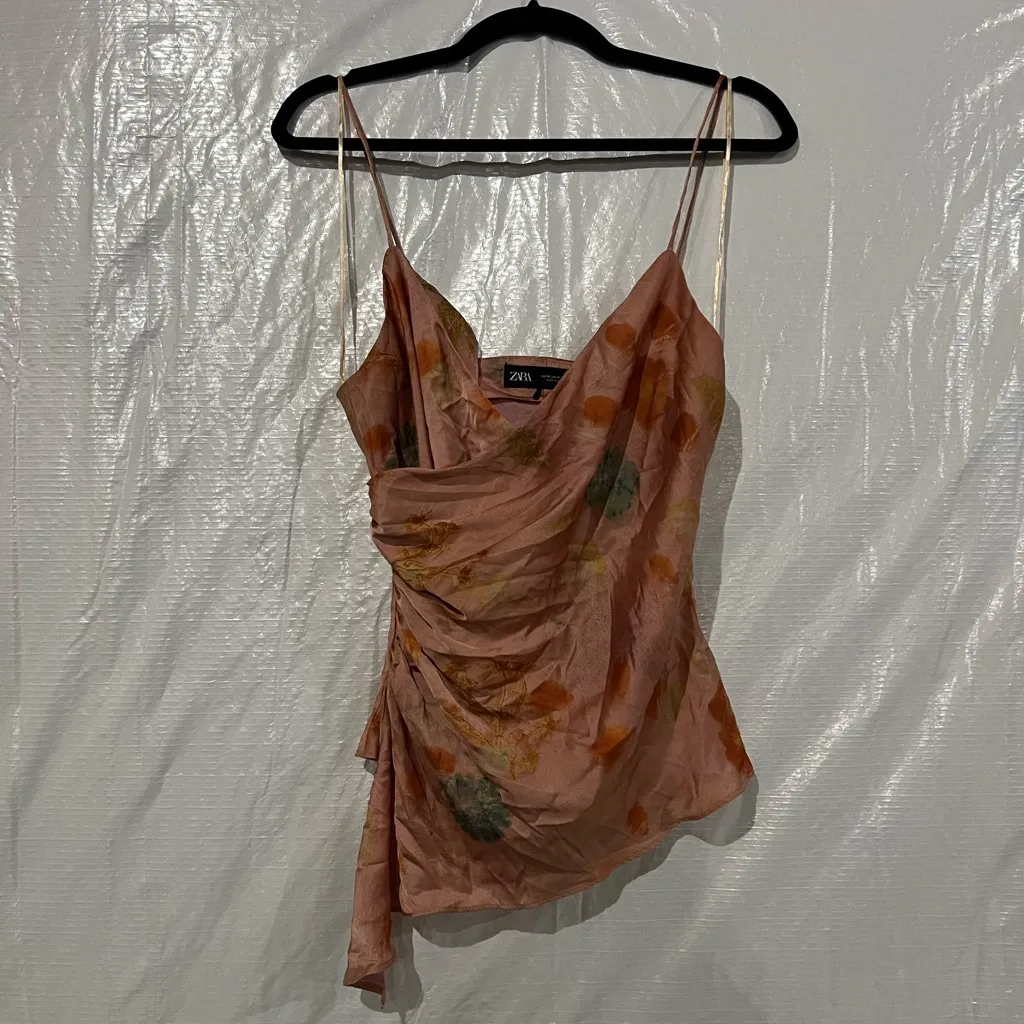 ZARA Pink Floral Satin Tank Top Size Medium - Image 2