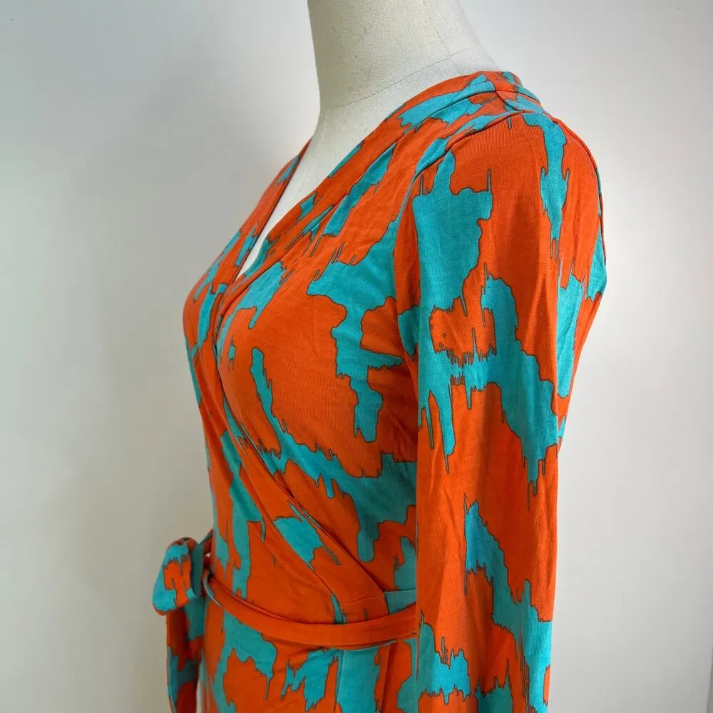 Diane Von Furstenburg Printed Wrap Silk Dress Orange Teal - Image 5