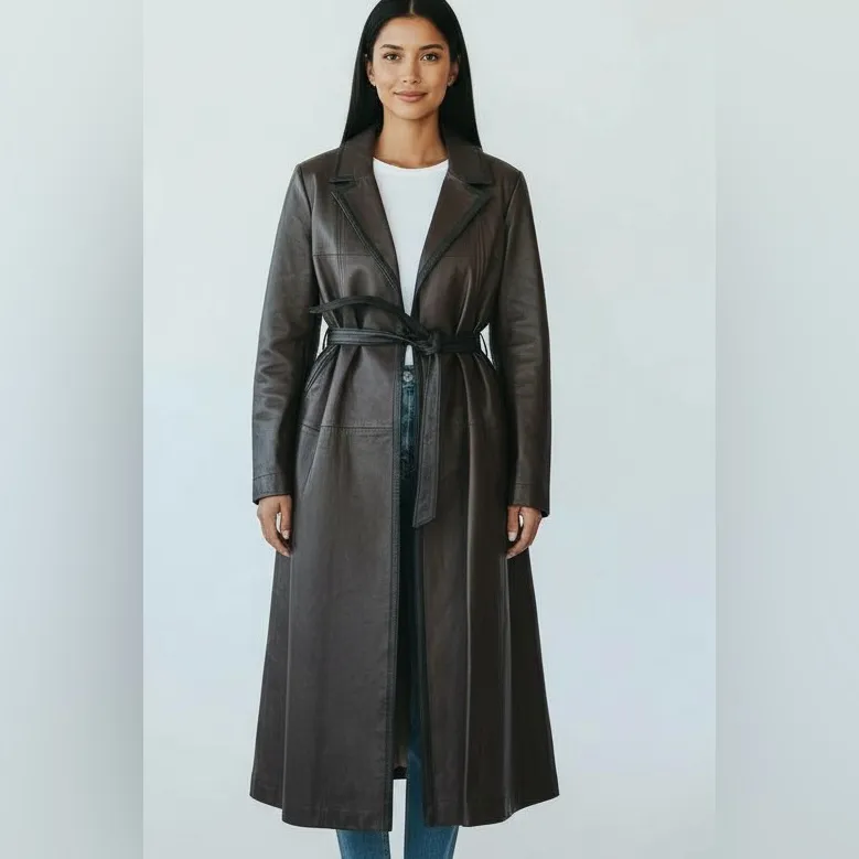 VTG Leathers By New England Belted Trench Coat Sz 16 Chocolate Brown Black Lined - Image 7