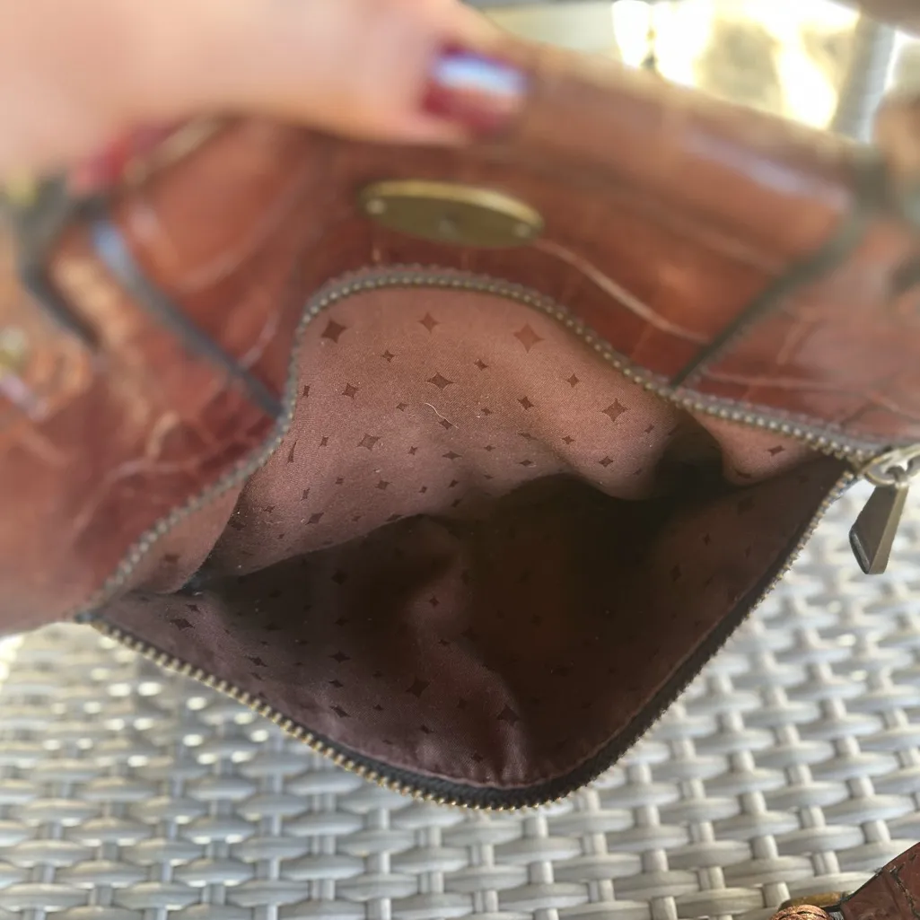 FOSSIL Rich Brown Crocodile-Embossed Leather Handbag/saddle bag with dust bag - Image 7