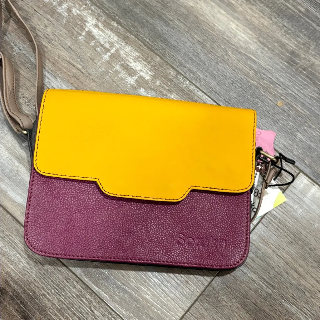 Soruka color block leather calf fur crossbody bag NEW Orange - Image 3