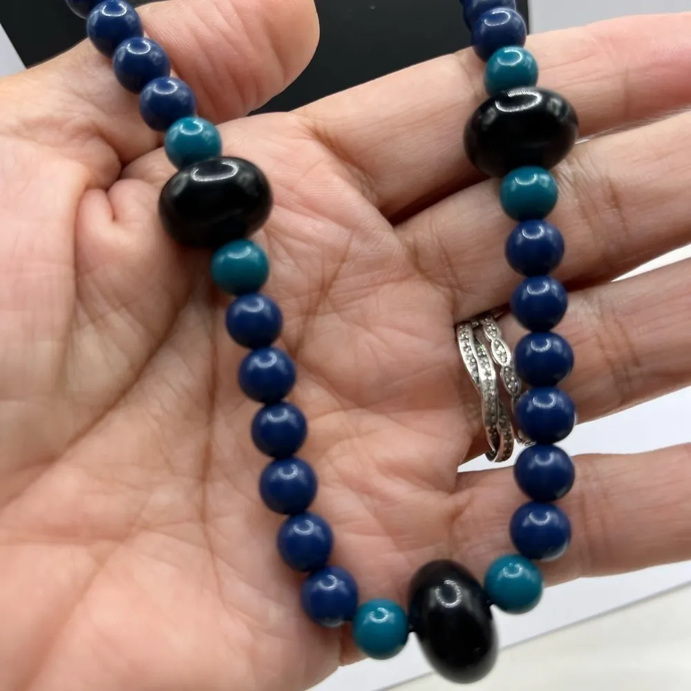 Trifari Beaded Necklace 30” Length Blue Black and Turquoise Blue Beaded Necklace - Image 12
