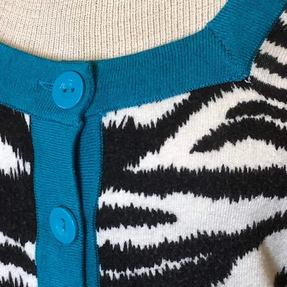 Kenar Sweater Teal White Animal Print Cardigan M - Image 3